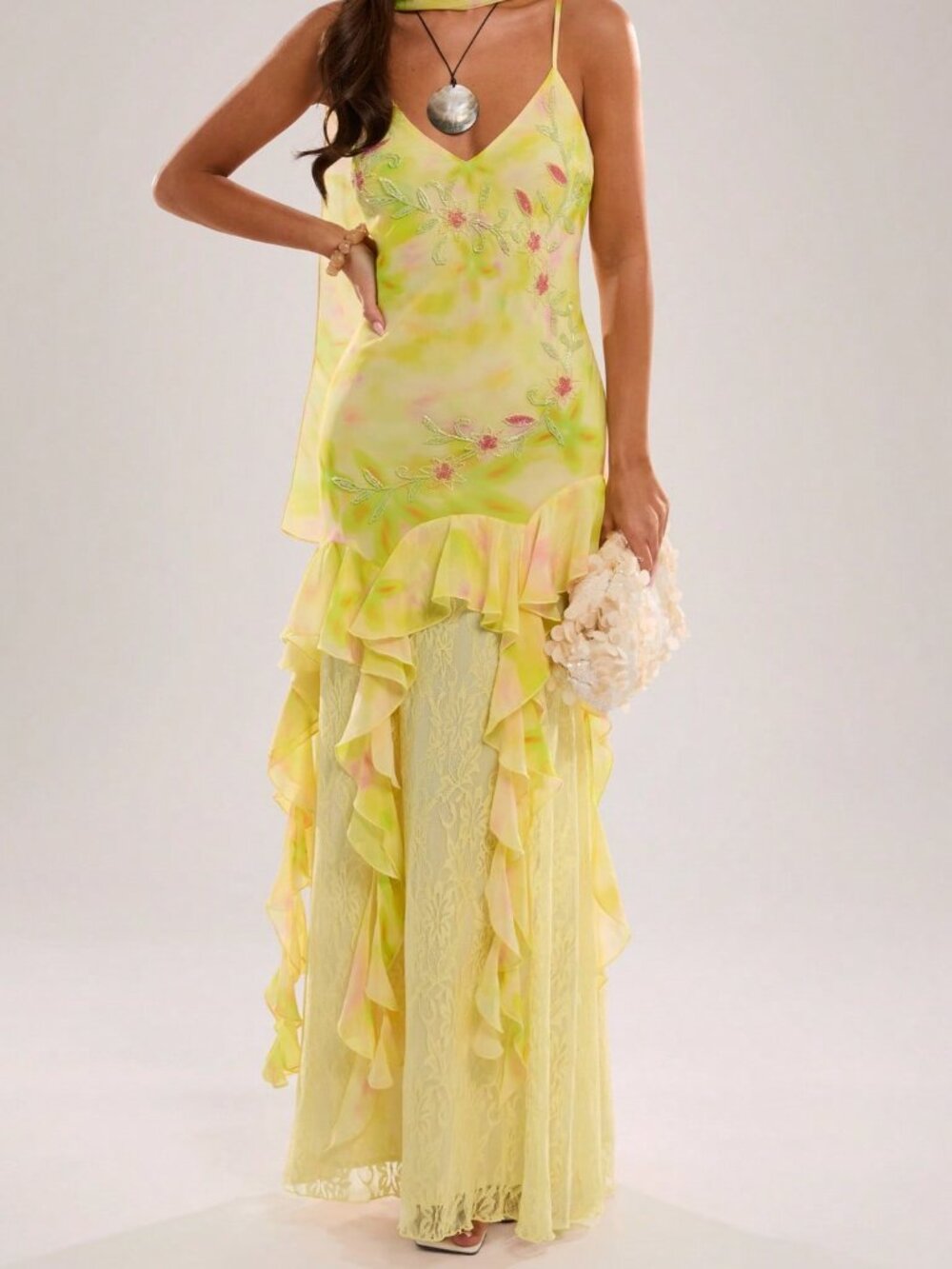 Yellow Casual Tropical Women's Spaghetti Strap Chiffon Lace Dress